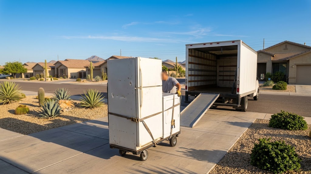A refrigerator and washing machine strapped to an appliance dolly beside a box truck
