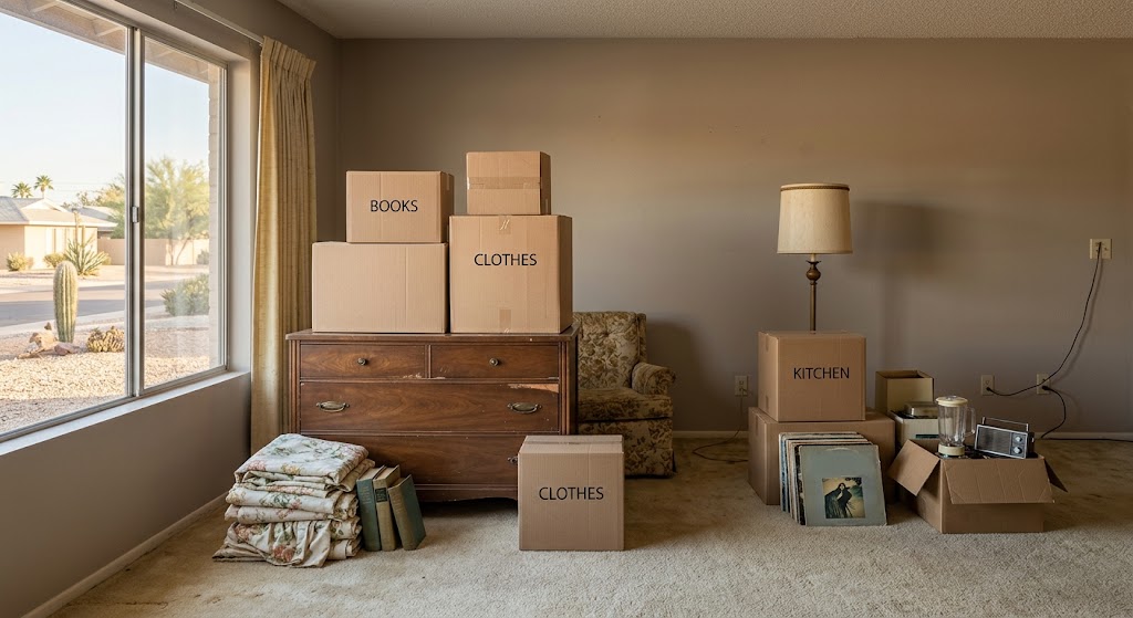 A room of an older home being cleared, with furniture and labelled moving boxes gathered together