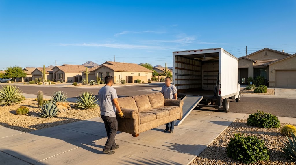 Two workers carrying a sofa down a driveway toward an open box truck