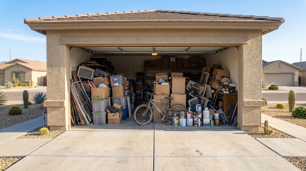 A two-car garage packed floor to ceiling with boxes, bins and stored clutter